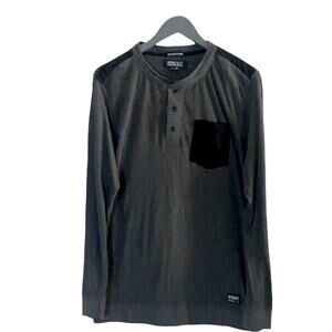 Ezekiel Mens Long Sleeve Shirt  Quarter Buttons Crew Neck Pocket XL Grey Black